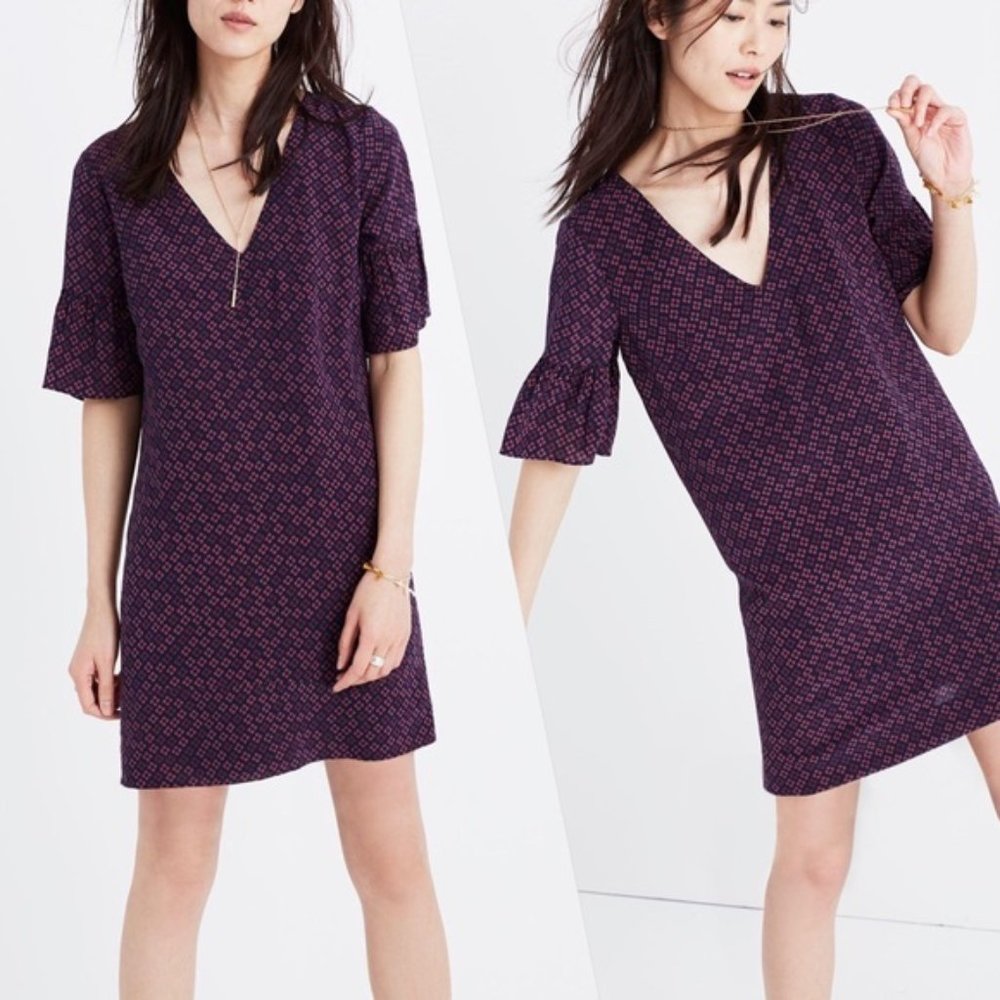 Madewell Purple Floral V-Neck Bell Sleeve Mini Dress